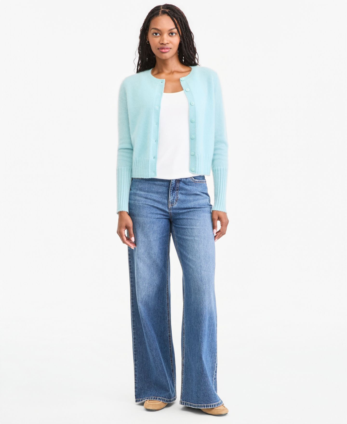Женский кардиган On 34th 100% Cashmere Cropped Brushed Shrunken, цвет: Миндальный кремовый меланжевый — фото 5