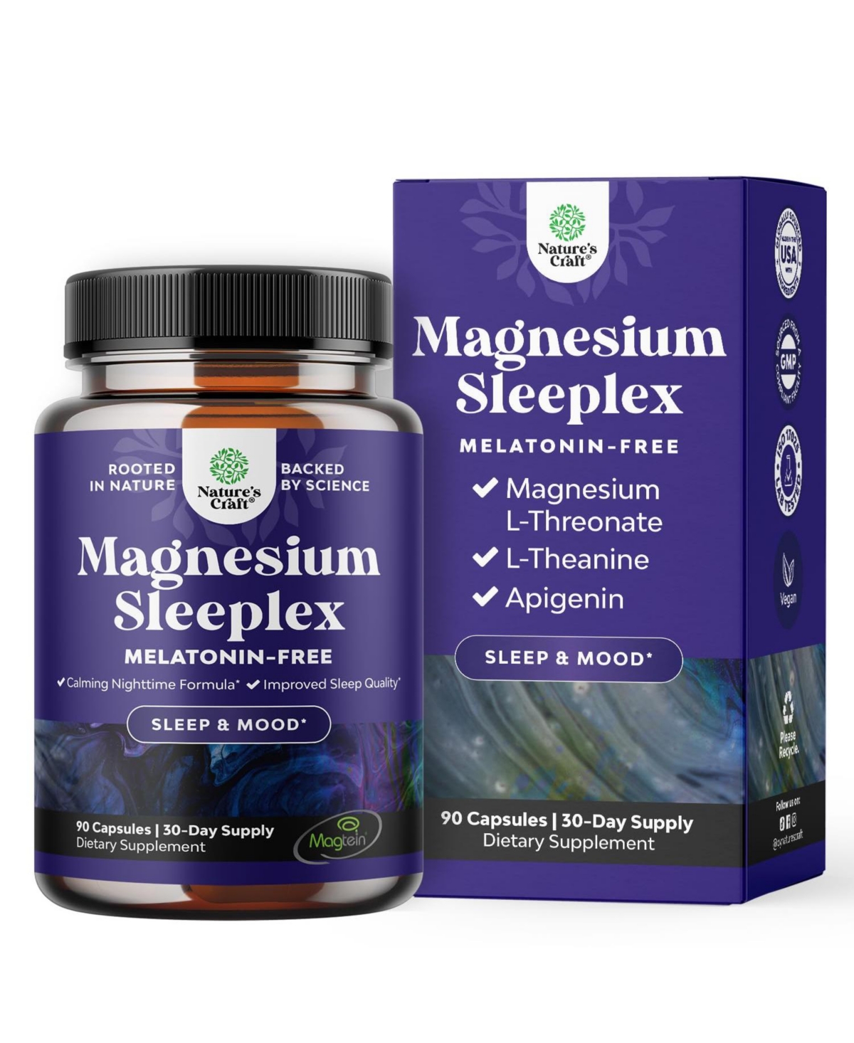 Nature's Craft Magnesium Sleep Support with Magtein Magnesium L-Threonate, Apigenin & L-Theanine for restful sleep. 90 capsules.