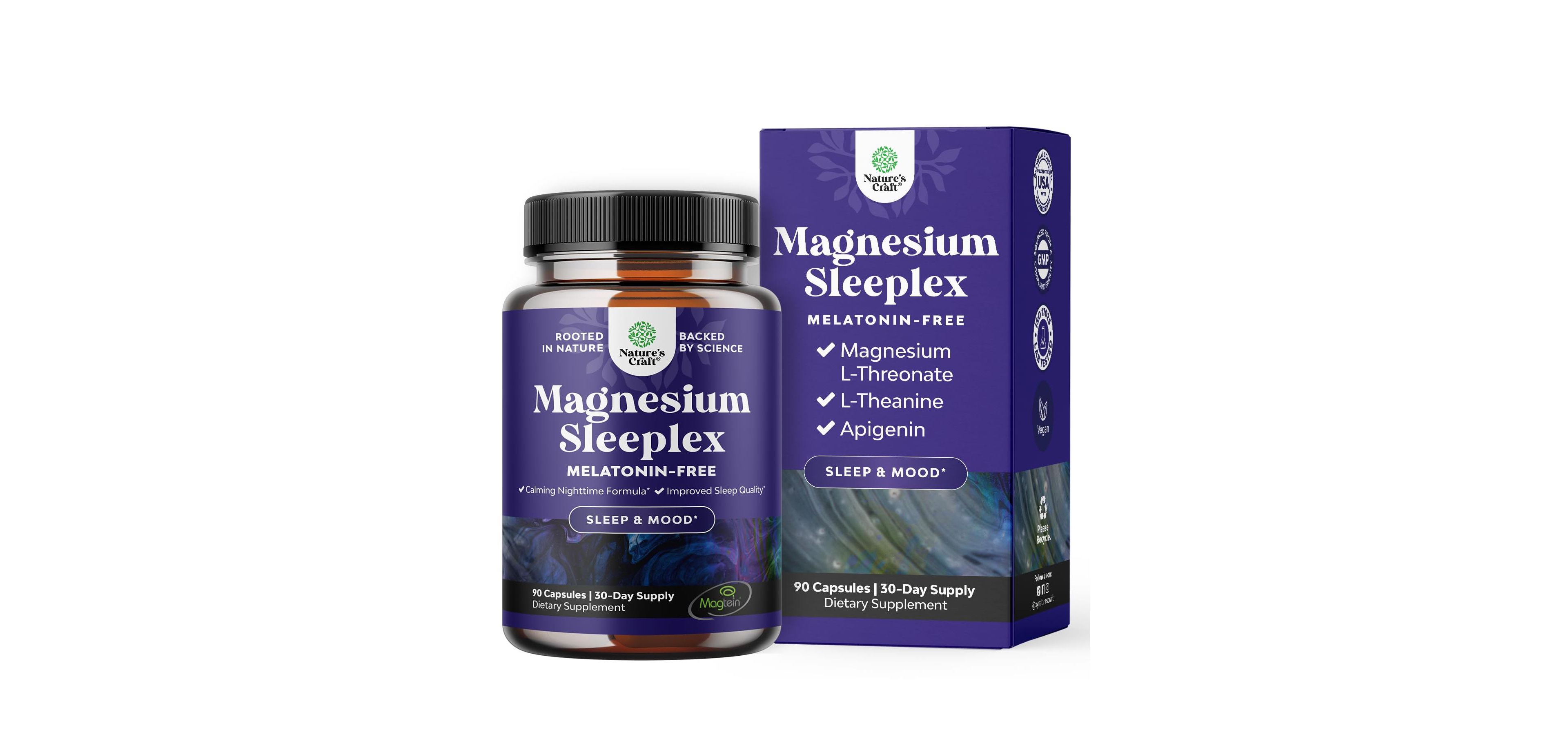 Nature's Craft Magnesium Sleep Support with Magtein Magnesium L-Threonate, Apigenin & L-Theanine for restful sleep. 90 capsules.