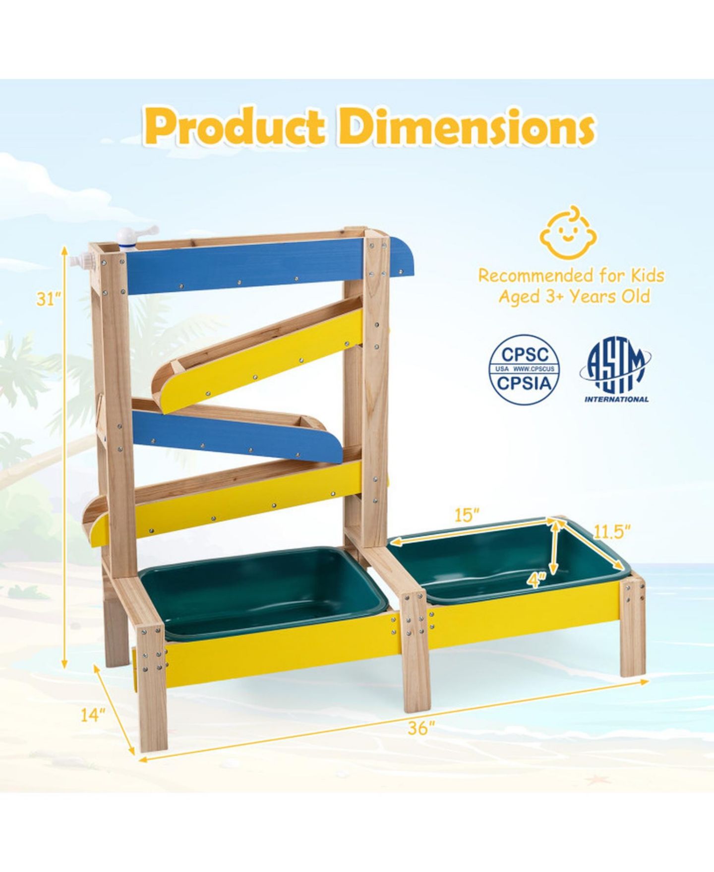 Детская игрушка HONGGE 3-in-1 Toddler Splinter-Free Fir Wood Dual-Basin Sand and Water Table, Ages 3+, цвет: Натуральный — фото 3