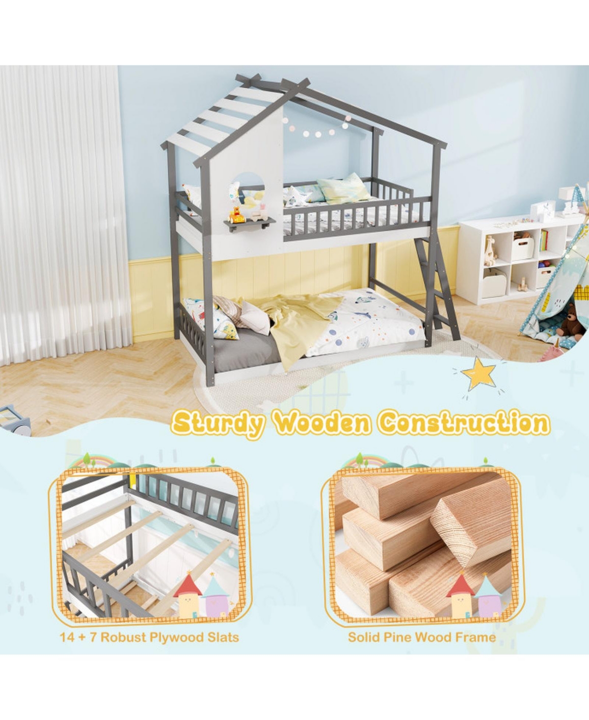 Sugift Twin House Bunk Bed with Roof Ladder and Full-Length Guardrails
