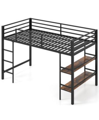 Low Loft Bed with Ladder and Storage Shelves Metal Frame