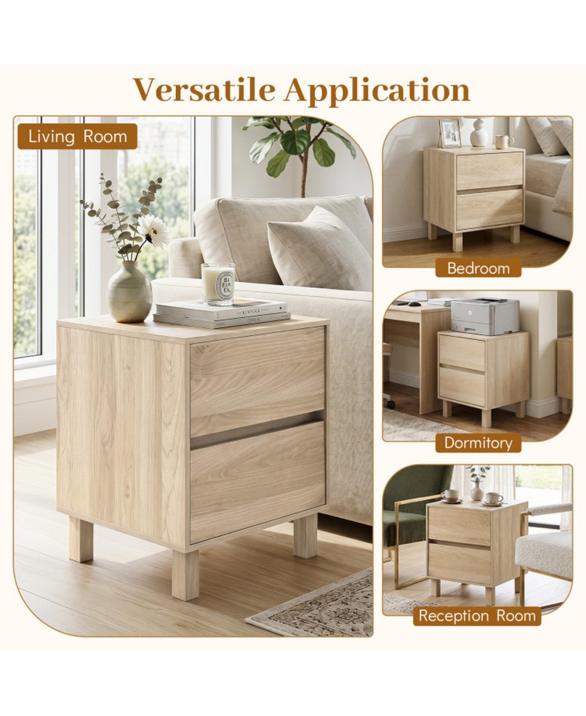 Sugift Modern Wooden End Table with 2 Storage Drawers and Elevated Legs