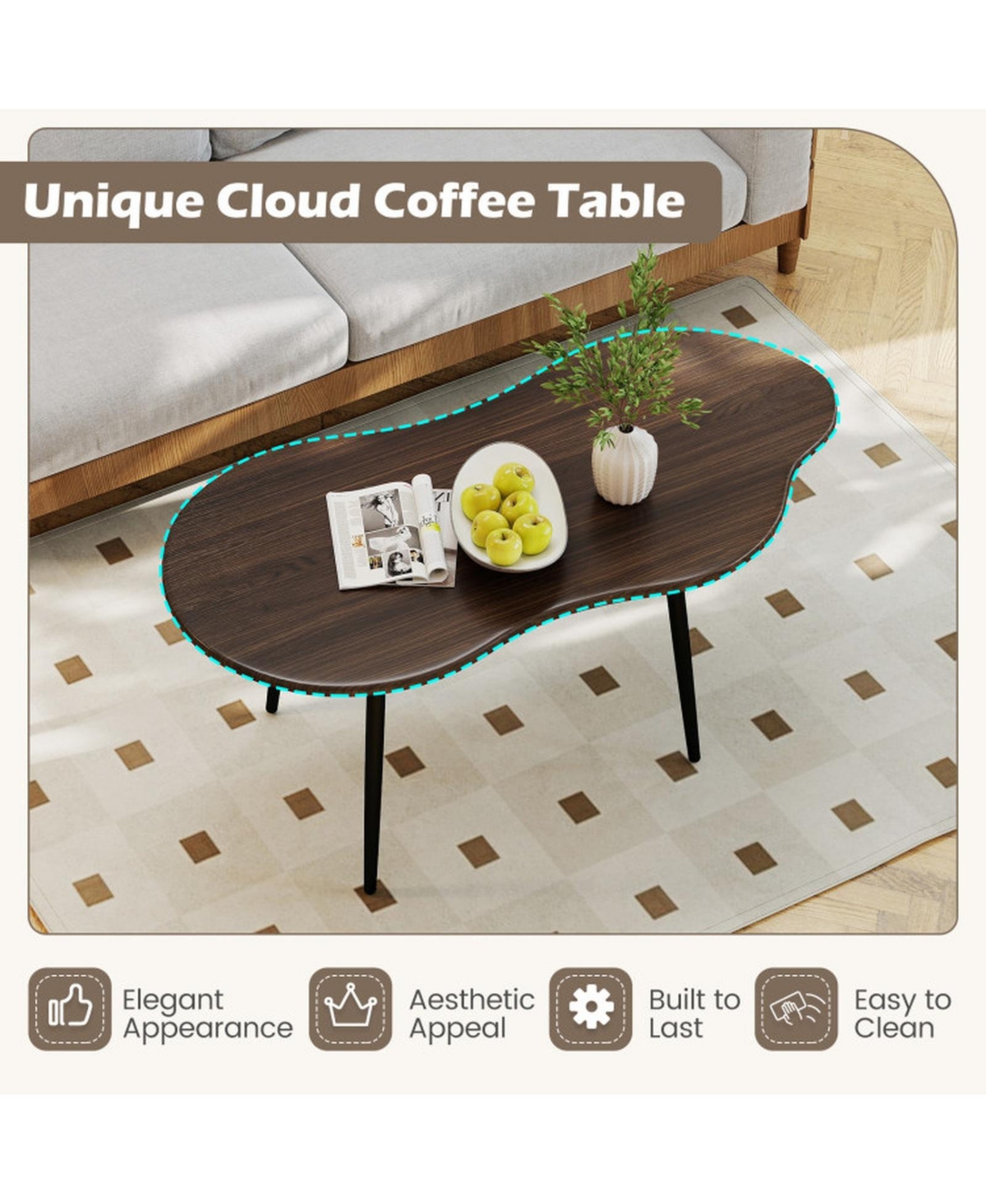 Sugift Cloud-Shaped 39.5-Inch Coffee Table with Curved Edges and Metal Frame