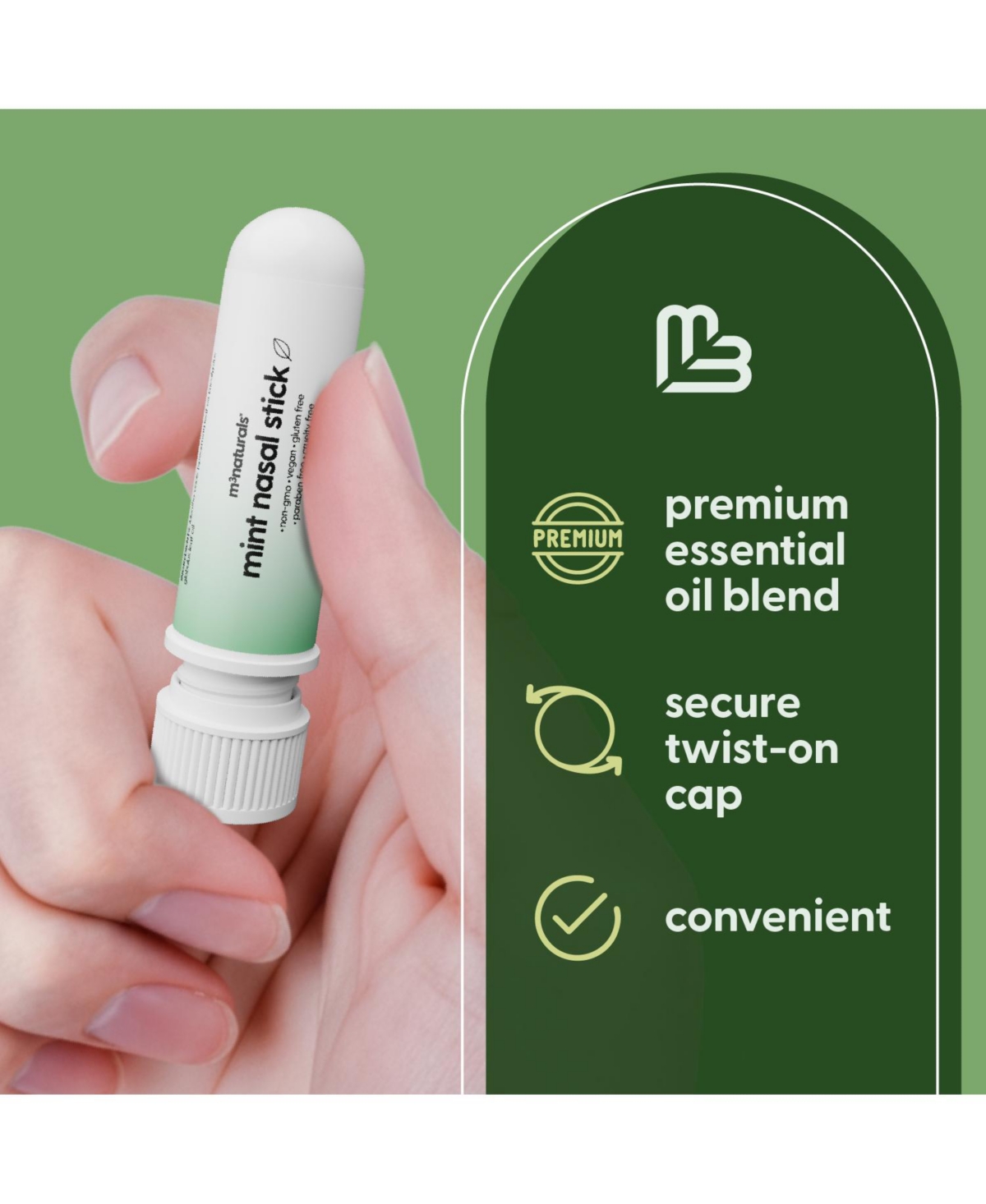M3 Naturals Mint and Eucalyptus Nasal Inhaler Stick 4-Pack, Essential Oil Aromatherapy Vapor Stick, Portable Non-Medicated