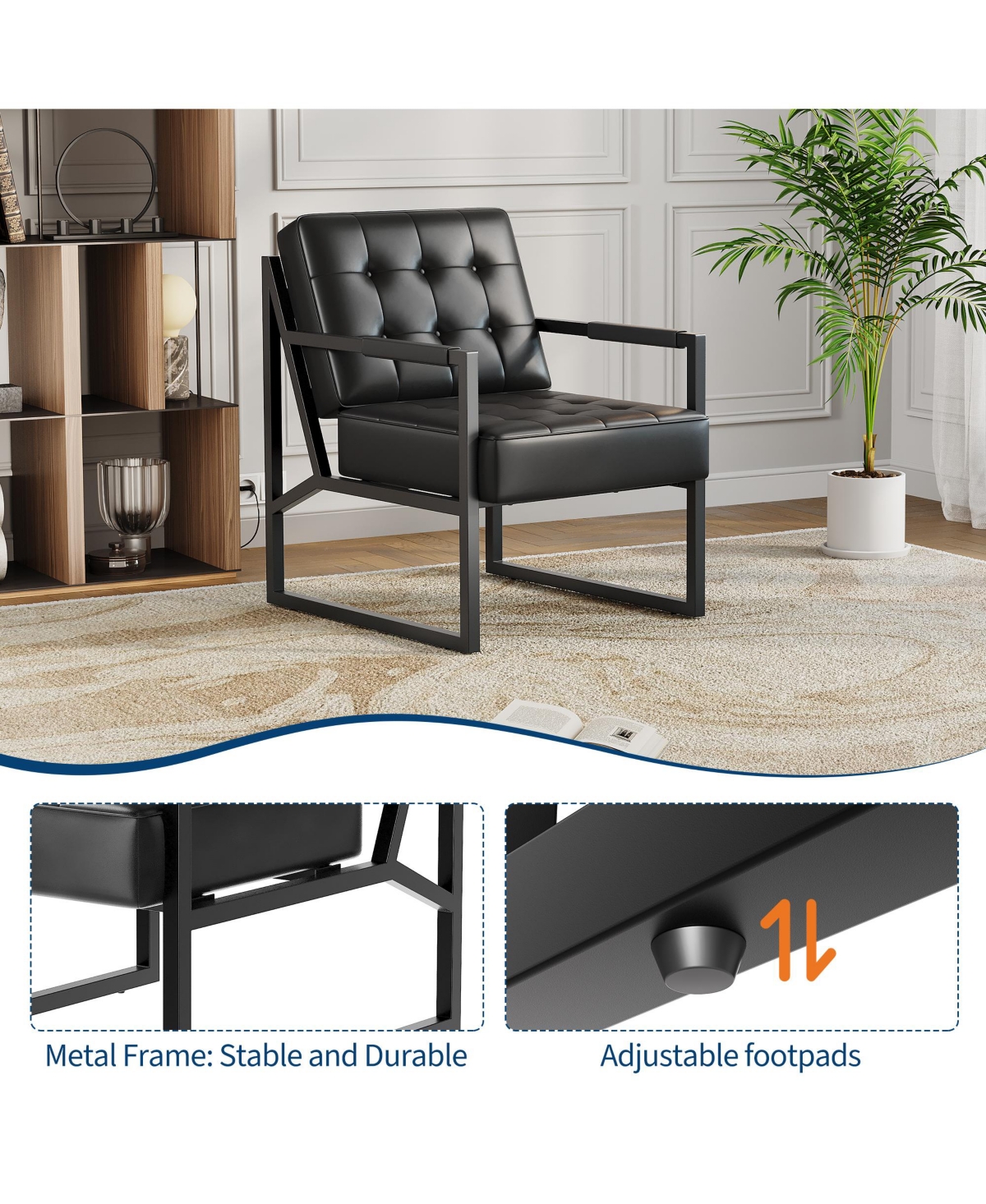 homfan Mid Century Accent Chair, Pu Leather Armchair with Metal Legs, Comfortable Stylish for Living Room, Bedroom, Reception and Office.