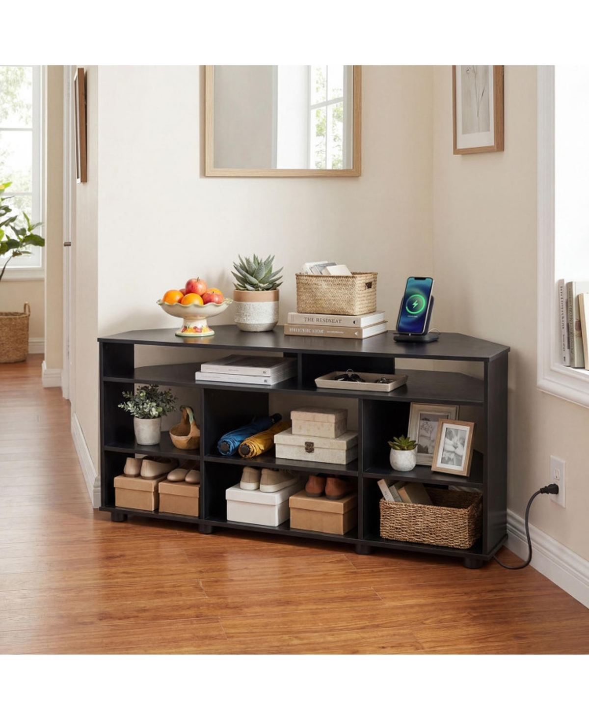 Sugift Corner Entertainment Center Tv Stand with Charging Station and Adjustable Shelves
