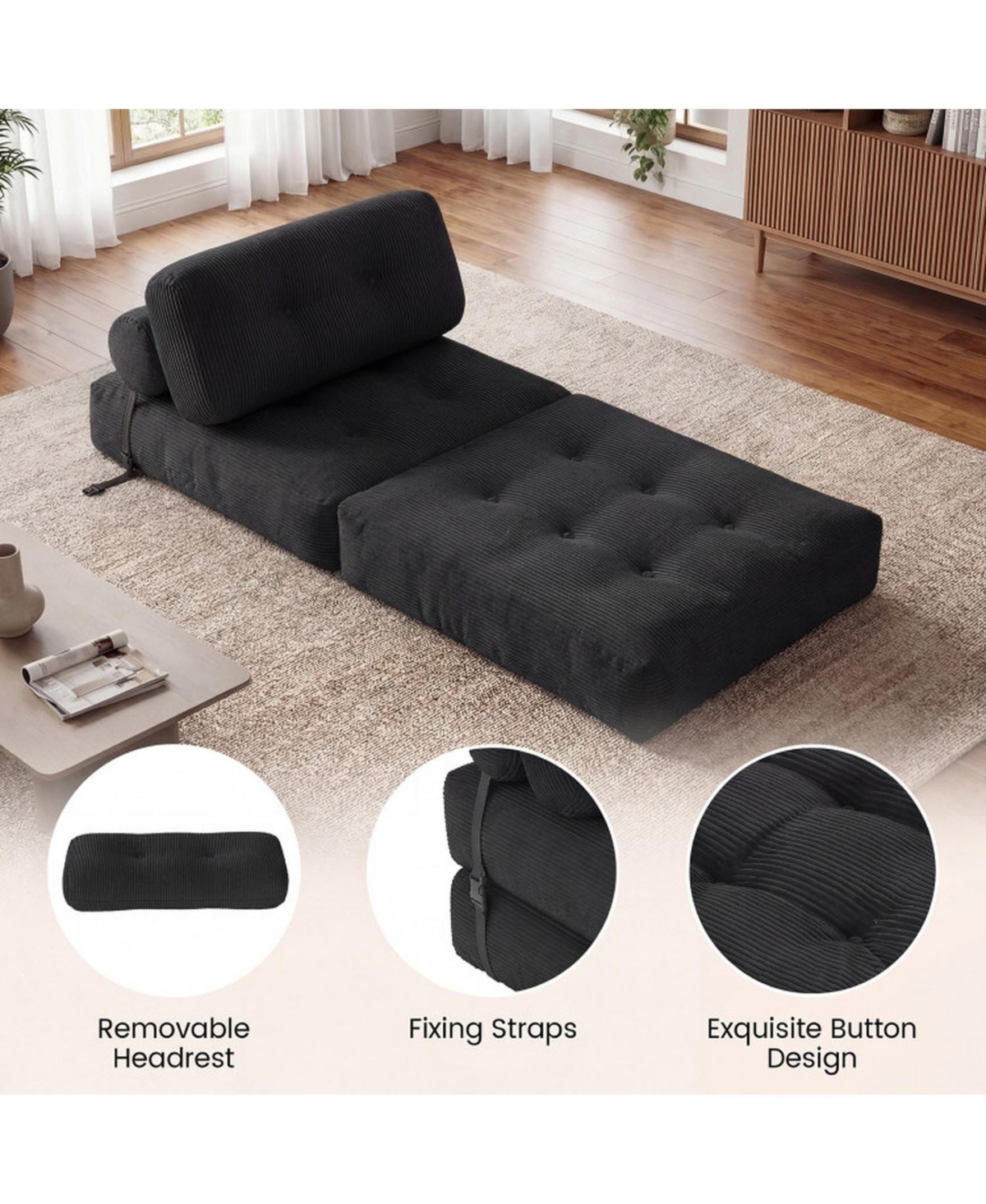 Sugift 3-in-1 Convertible Folding Sofa Bed with Button-Tufted Cover and Headrest Pillow