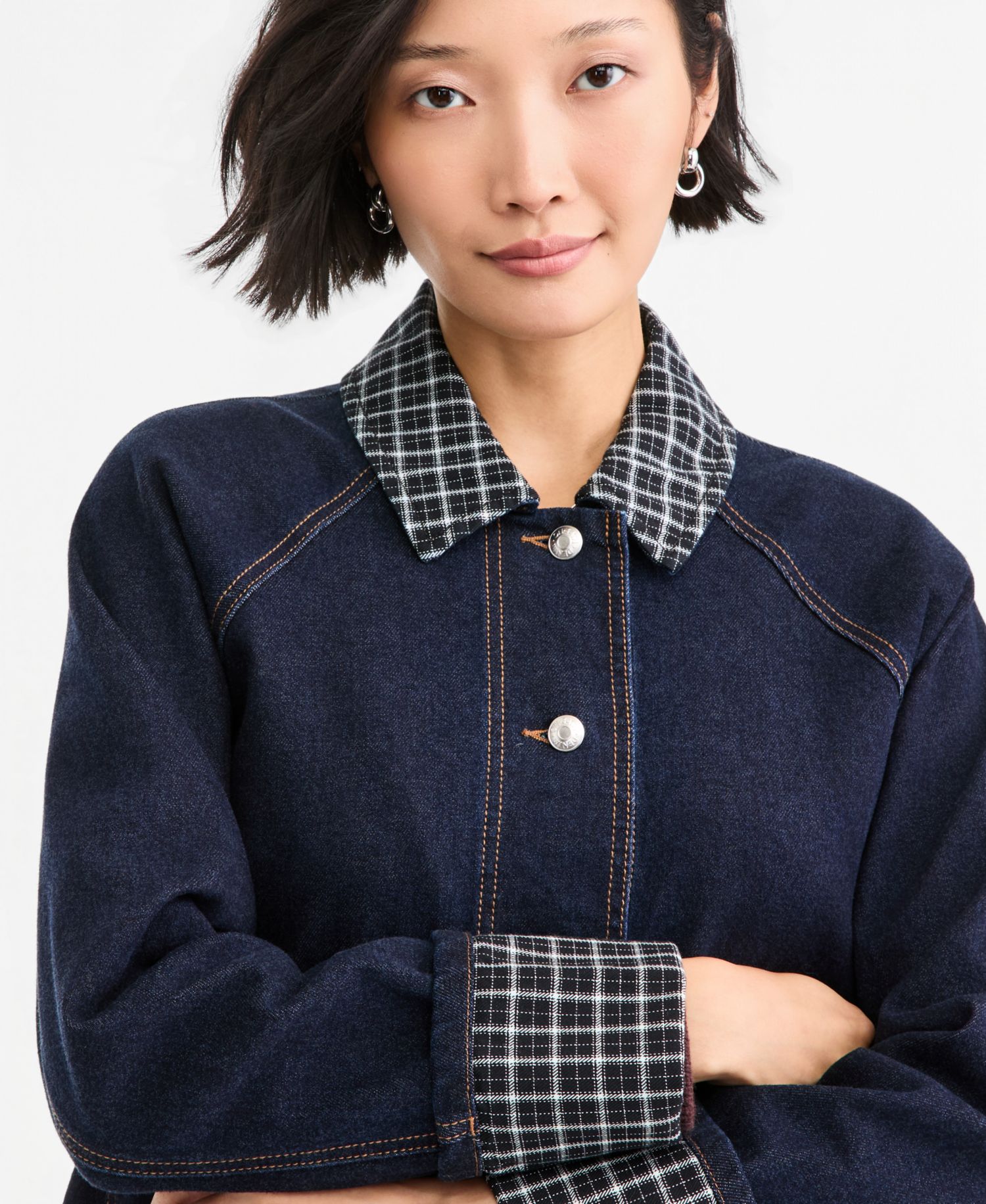 Women's Denim Plaid Cuff Jacket