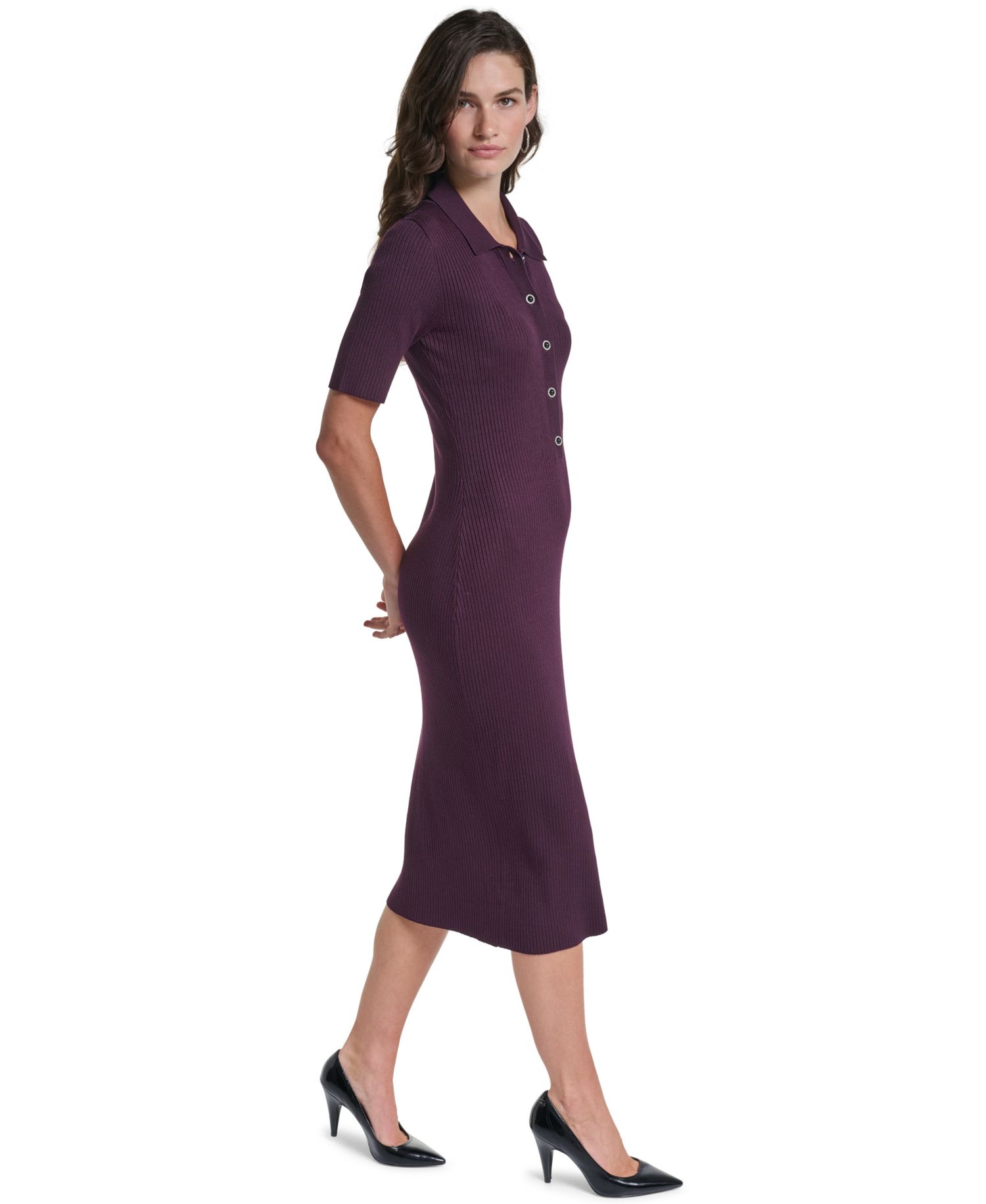 Women's Tiered Ribbed-Knit Collared Midi Sweater Dress