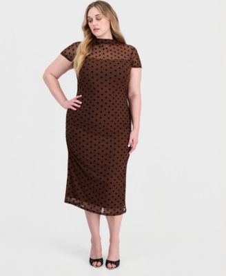 Plus Size Polka-Dot Ruched Mock-Neck Short-Sleeve Midi Dress