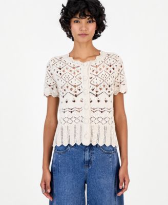 Petite Pointelle Short-Sleeve Scalloped-Trim Cardigan
