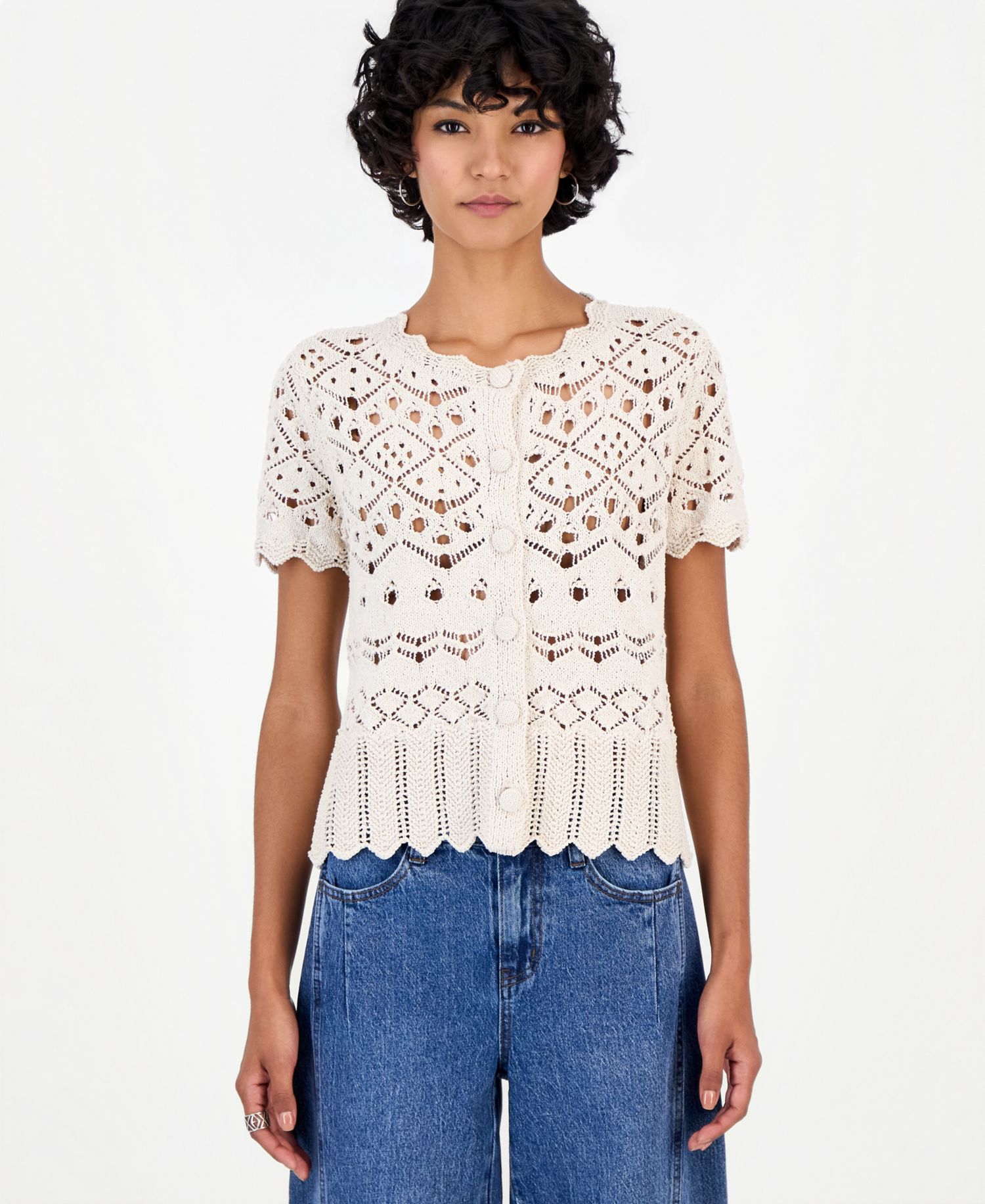 Petite Pointelle Short-Sleeve Scalloped-Trim Cardigan