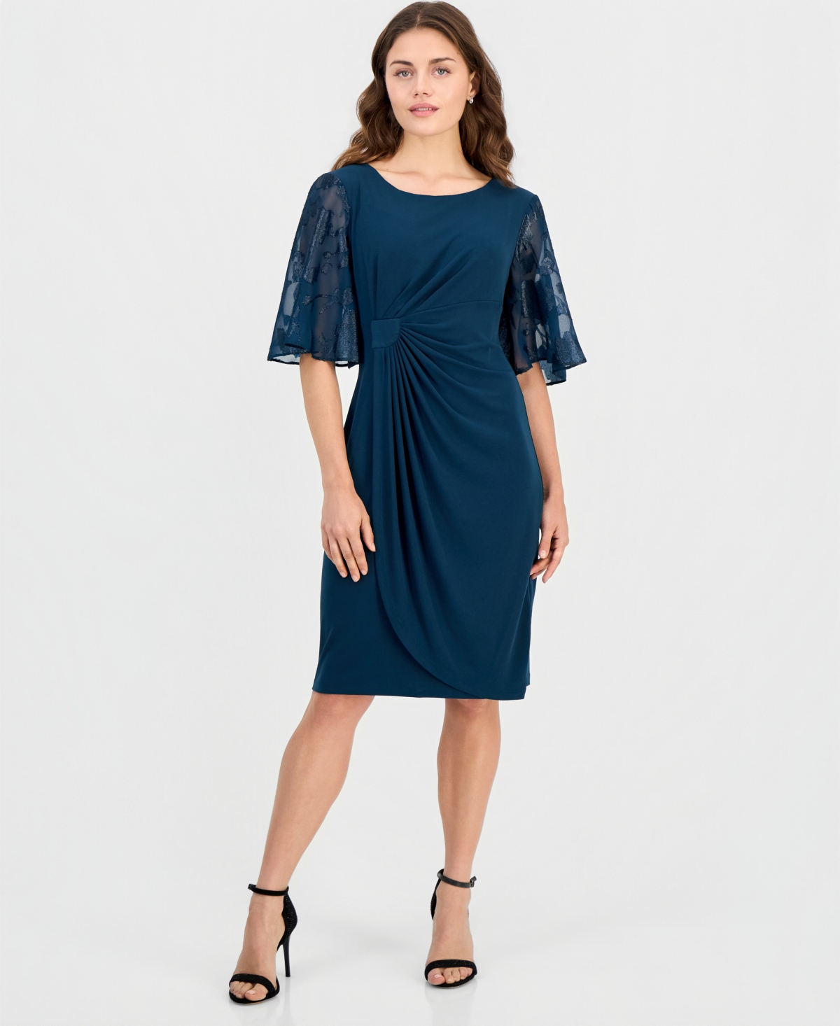 Connected Petite Cocktail Clip-chiffon Short-sleeve Dress In Deep Mallard