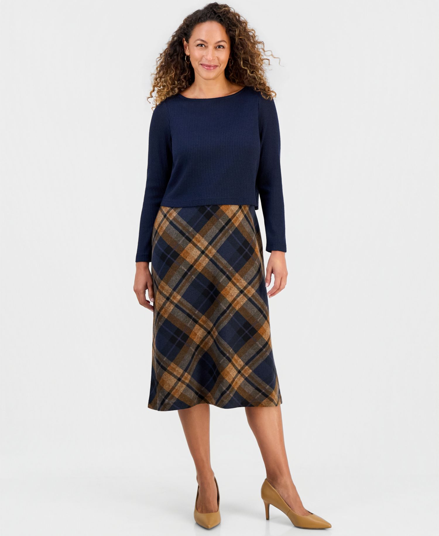 Petite Plaid Skirt Twofer Long-Sleeve Midi Dress