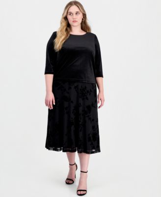 Plus Size A-Line Midi Knit Top and Velvet Skirt, 2-Piece Set