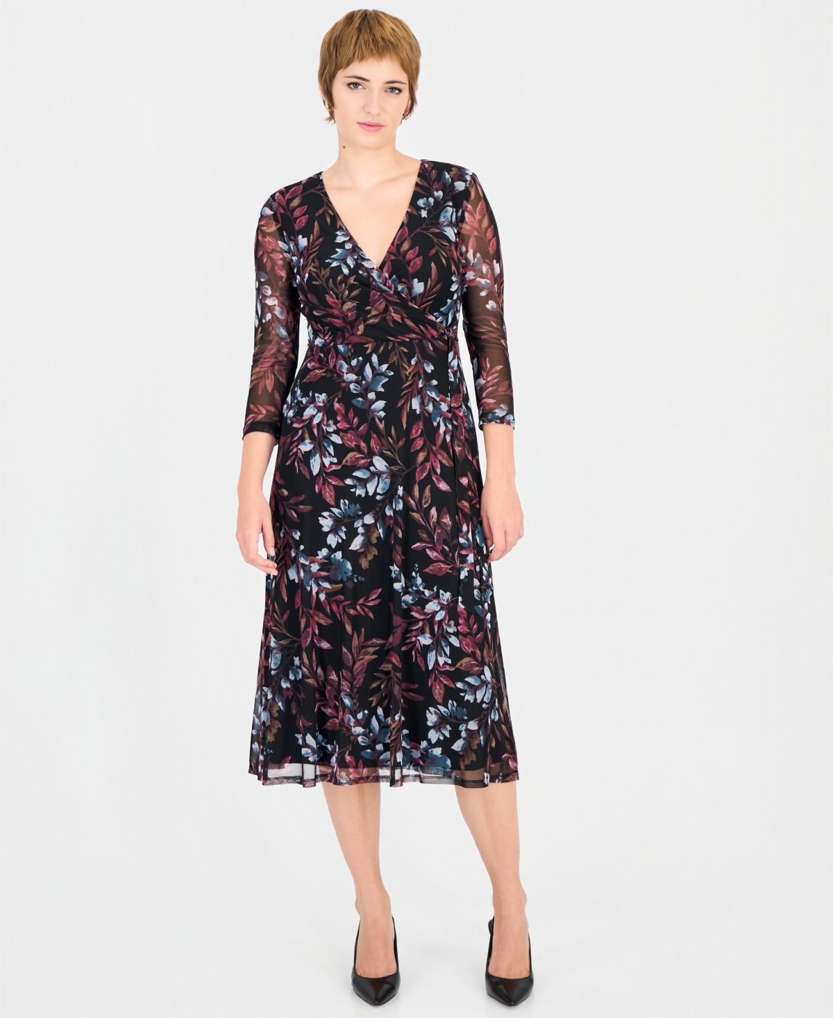 Connected Women's Floral Mesh-overlay Midi Wrap Dress In Merlot