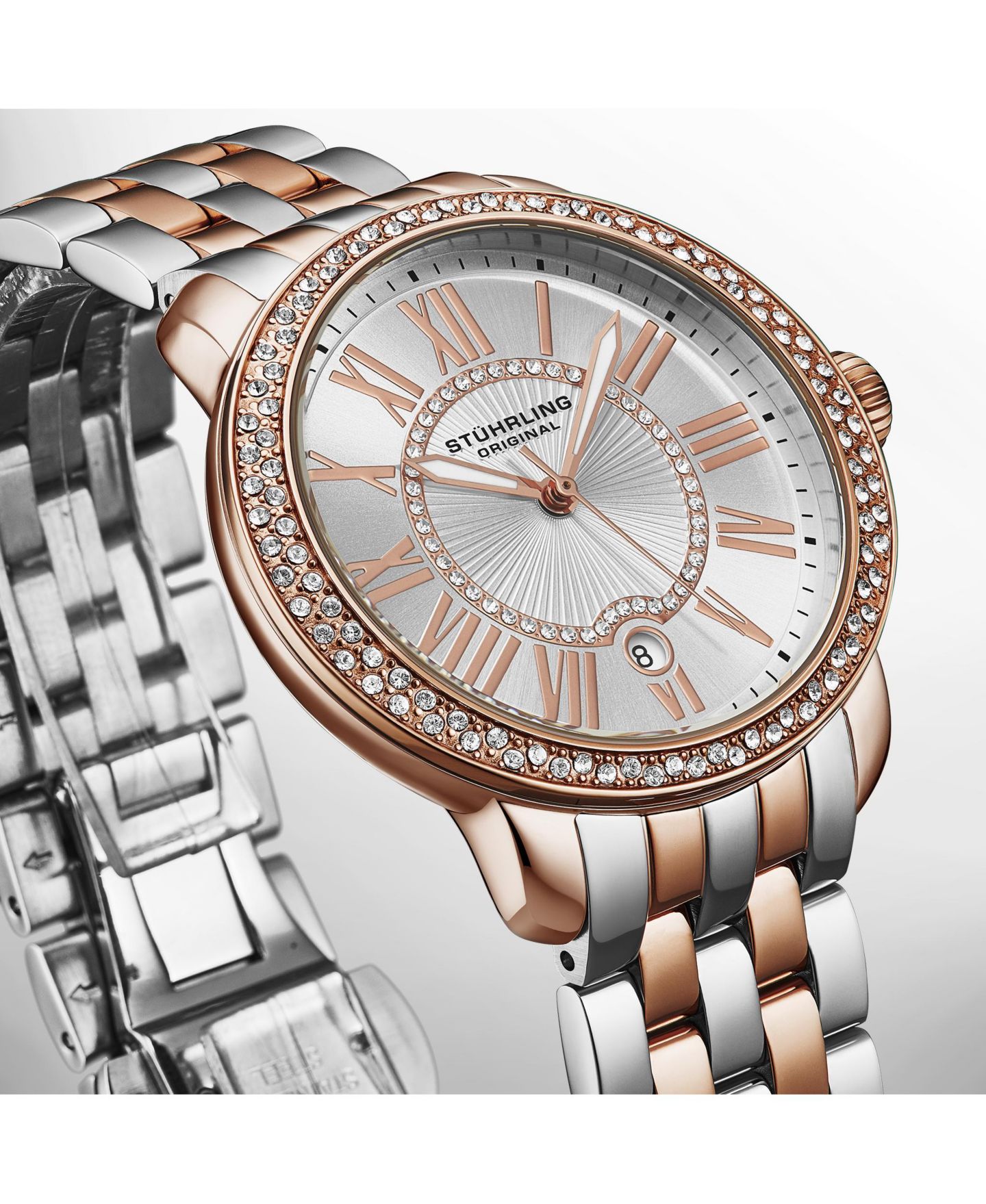 Женские часы Stuhrling Original Celestia с кристаллами, двухцветная сталь, 38 мм, цвет: Двухцветный розовый — фото 7
