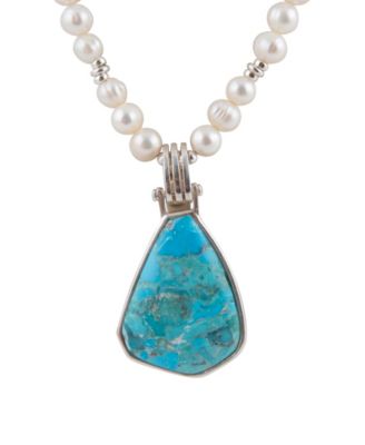 Blue Turquoise Pendant and White Pearl Silver Necklace