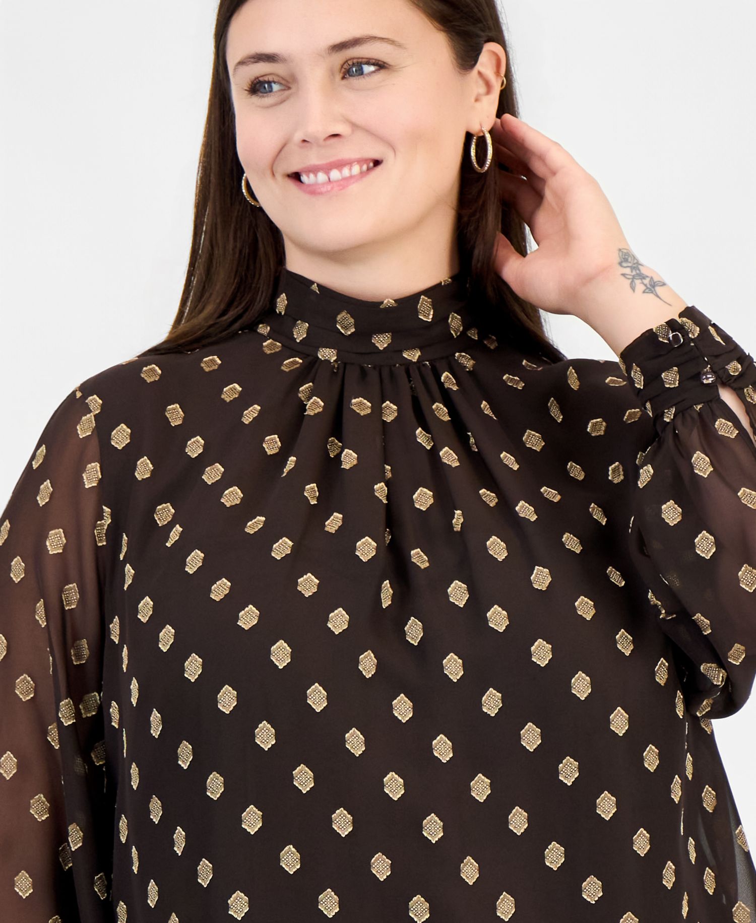 Plus Size Long-Sleeve Shirred-Collar Keyhole-Front Blouse