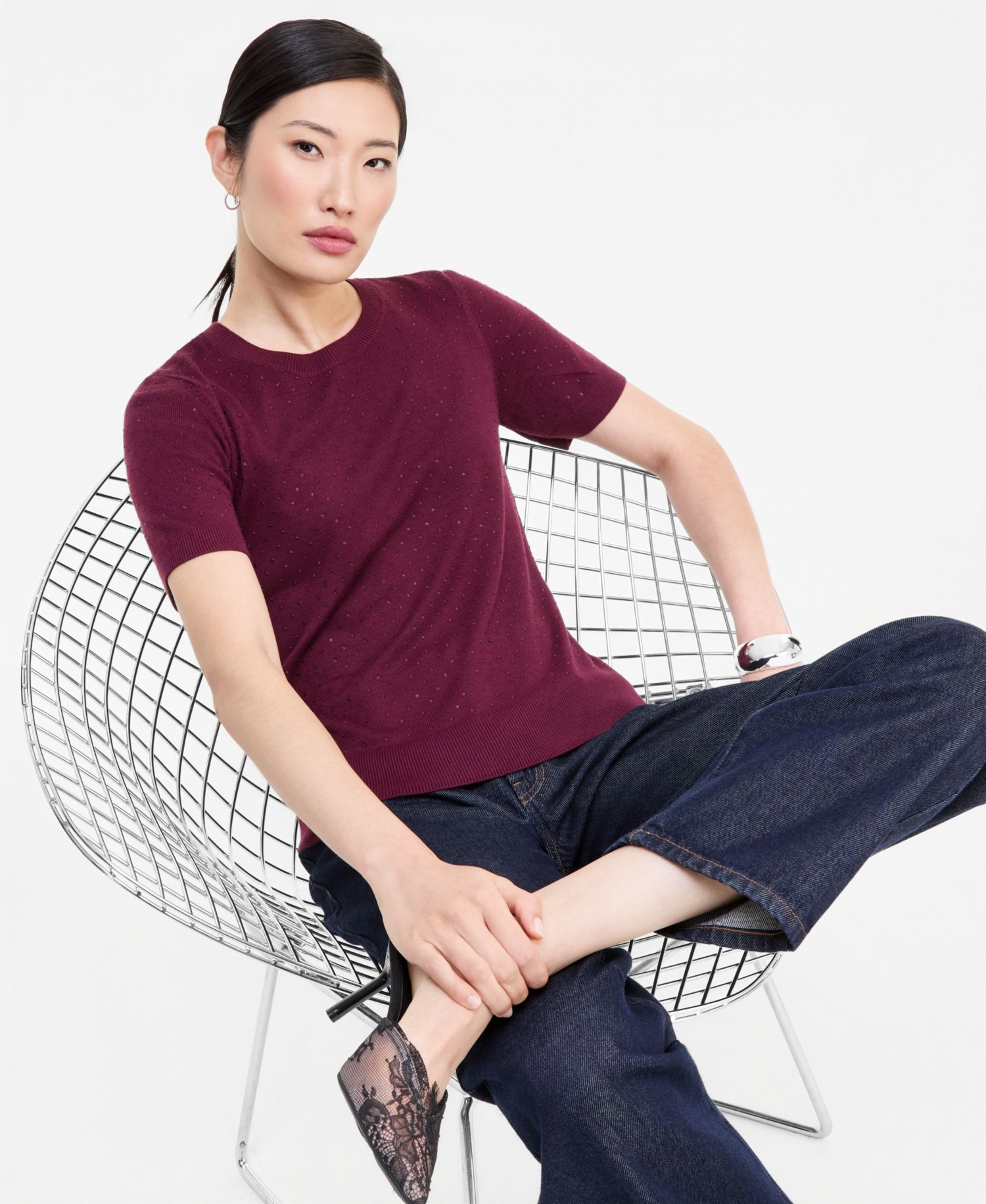 Women's Crystal Embellished Short-Sleeve Crewneck Sweater