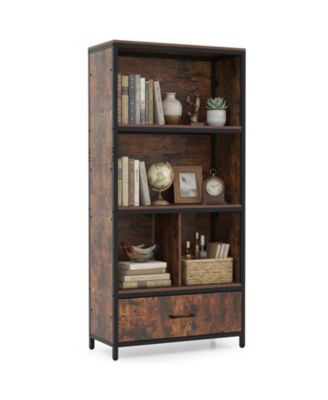 5-Tier Industrial Freestanding Bookcase with 4 Storage Compartments and Fabric Drawer