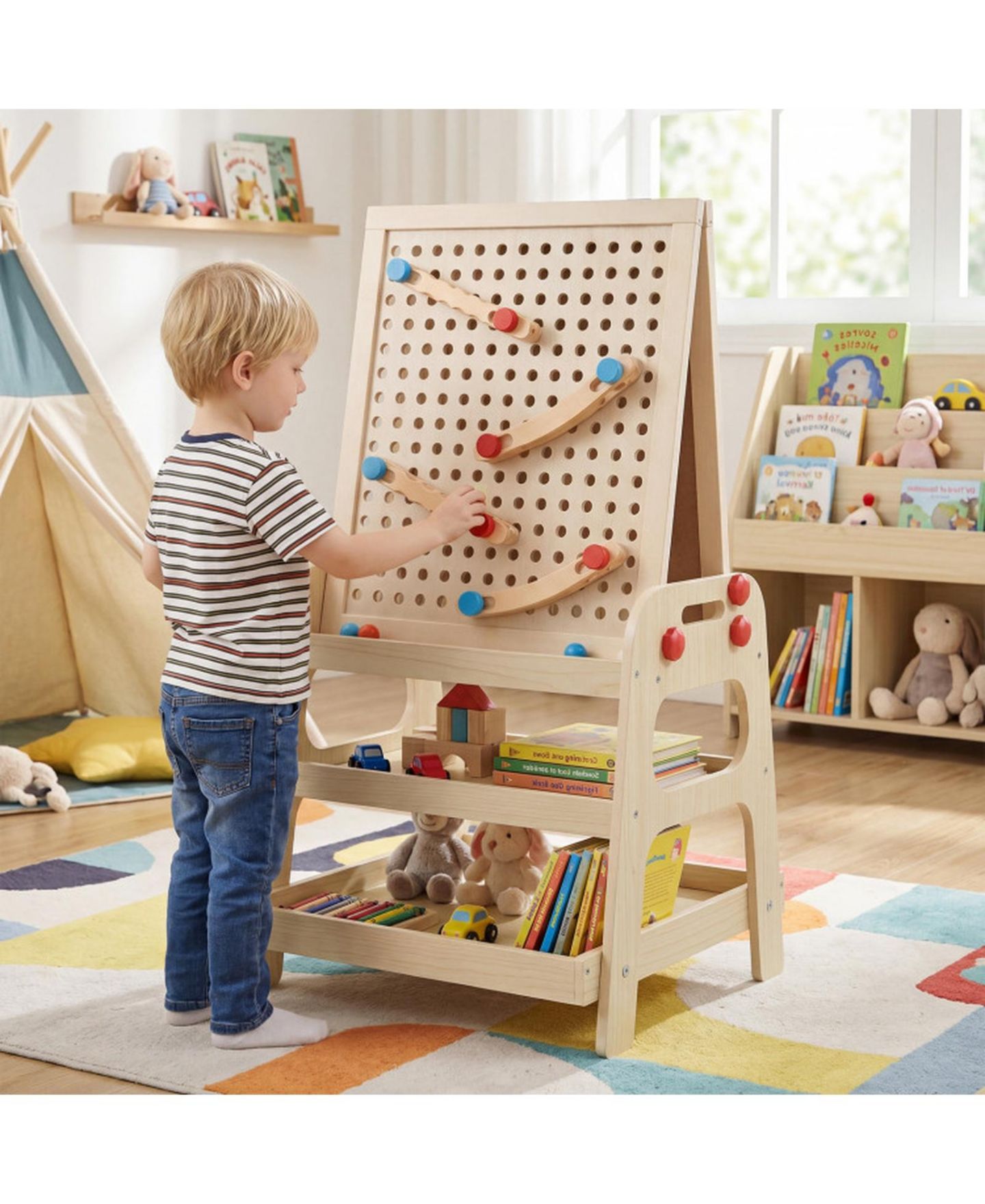 Детский конструктор HONGGE 2-in-1 Magnetic Art Easel and Marble Run Building Set, Ages 3+, цвет: Сосновый — фото 2