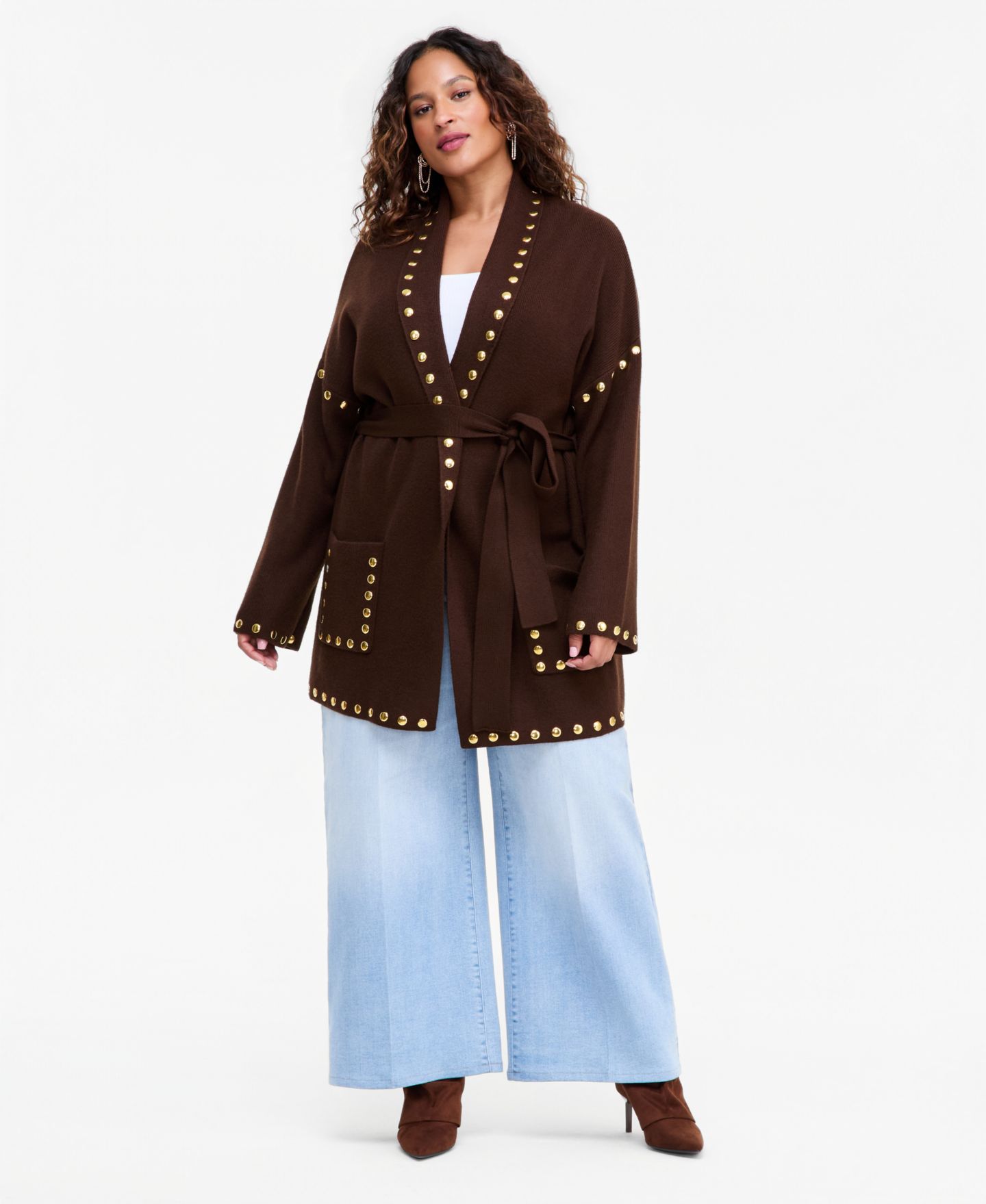 Женский кардиган I.N.C. International Concepts Plus Size Studded Tie-Waist, цвет: Кофейный — фото 2