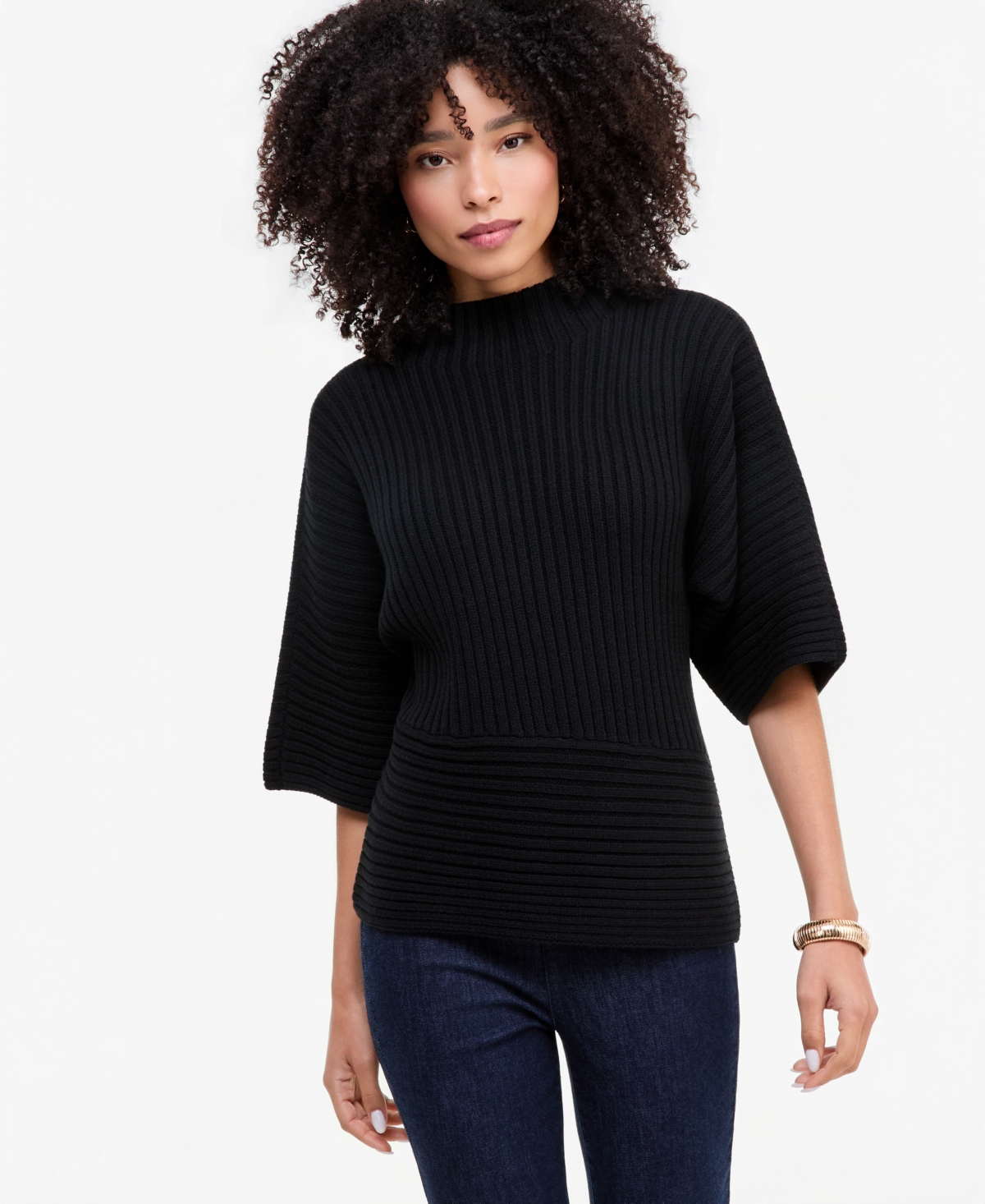 I.n.c. International Concepts Women's Ribbed-Knit Asymmetrical-Hem Mockneck Sweater, Macy's Exclusive - Deep Black