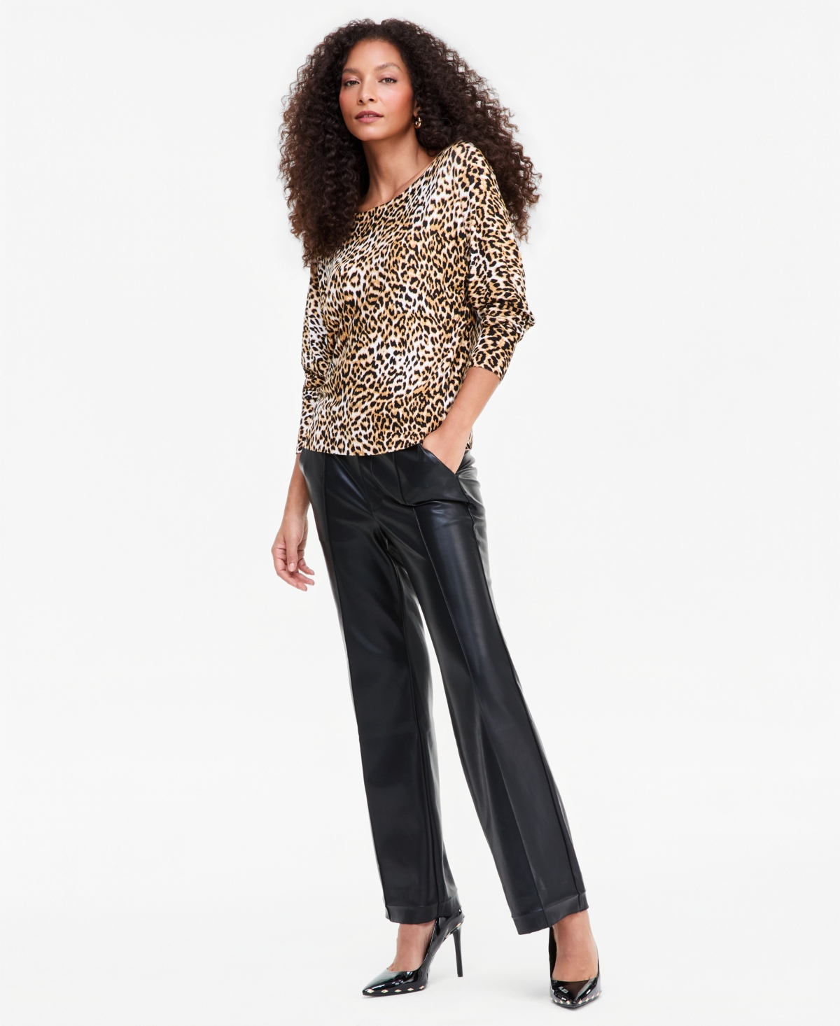 I.n.c. International Concepts Women's Long-Sleeve Leopard-Print Lightweight Boatneck Sweater, Macy's Exclusive