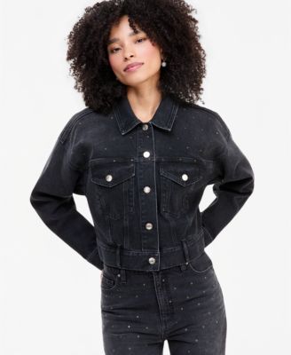 Women's Embellished Stud Cropped Trucker Denim Jacket