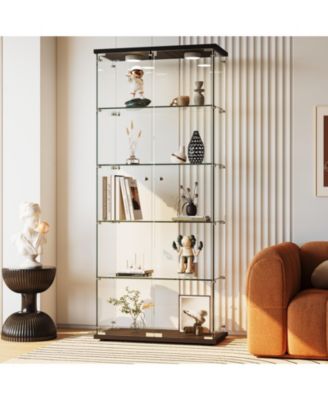 LED-Lit Glass Display Cabinet, 5 Adjustable Shelves, Locking Doors, Curio for Collectibles, Figures, Models, Modern Organizer for Living Room