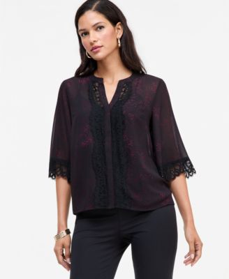 Women's Print Lace-Trim Button-Front Blouse