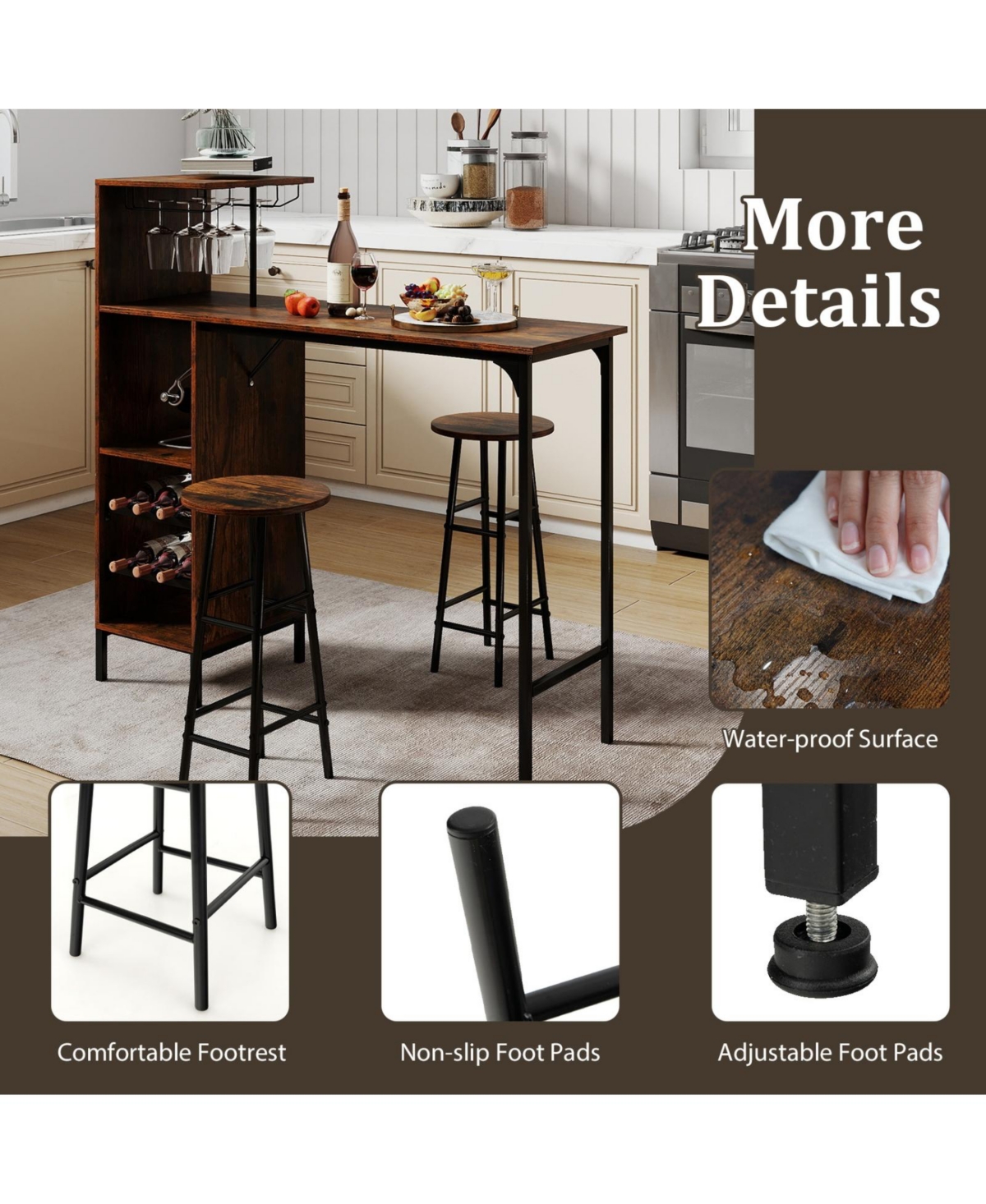Sugift 3-Piece Bar Table and Chairs Set with 6-Bottle Wine Rack