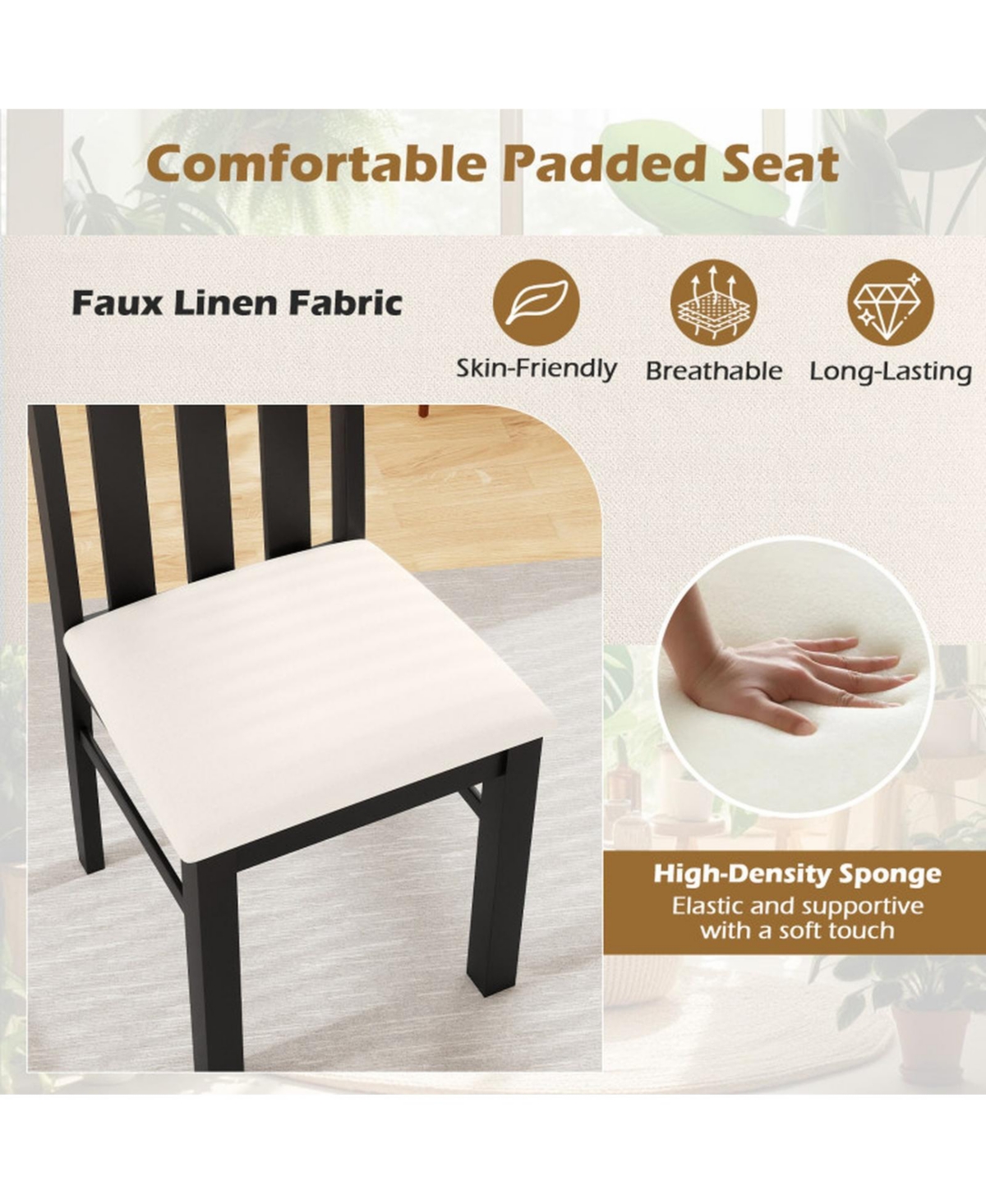 Sugift Set of 2 High Back Dining Room Chairs with Padded Seat and Rubber Wood Frame