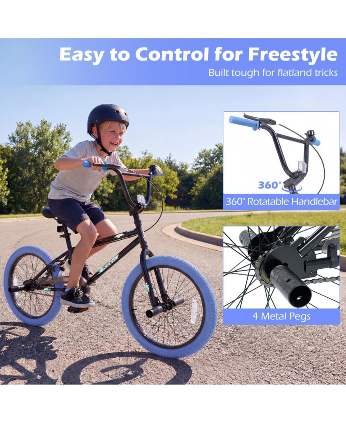 Sugift 20" Trick Bicycle with 360-Degree Steering, Carbon Steel Frame, 7" Adjustable Seat, Ages 8-12