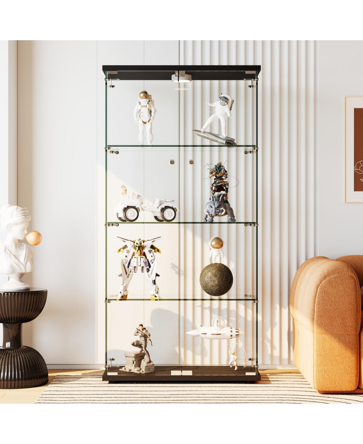 homfan Tempered Glass Display Cabinet, 4 Shelves, Doors, Led Lights and Motion Detector, Curio for Collectibles