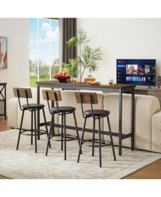 4-Piece Long Bar Table Set with 3 PU Stools, Industrial for Kitchen and Living Room
