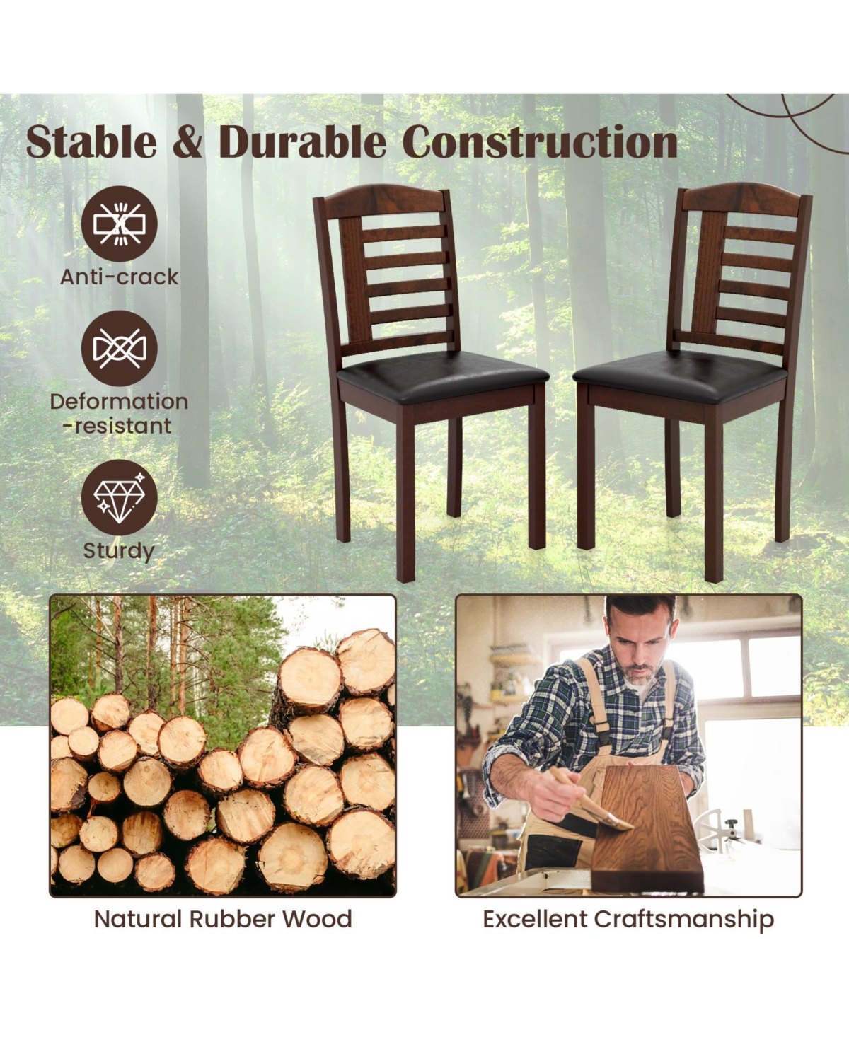 Sugift Set of 2 Wood Kitchen Chairs with Faux Leather Upholstered Seats
