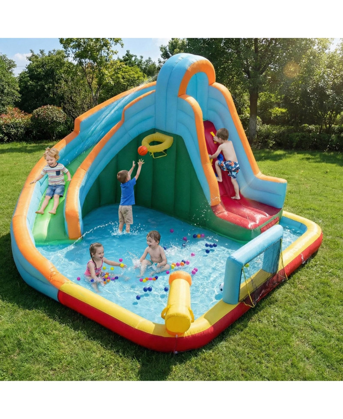 Hongge 6-in-1 Inflatable Water Slide Bounce House, 150" x 150", Ages 3-12