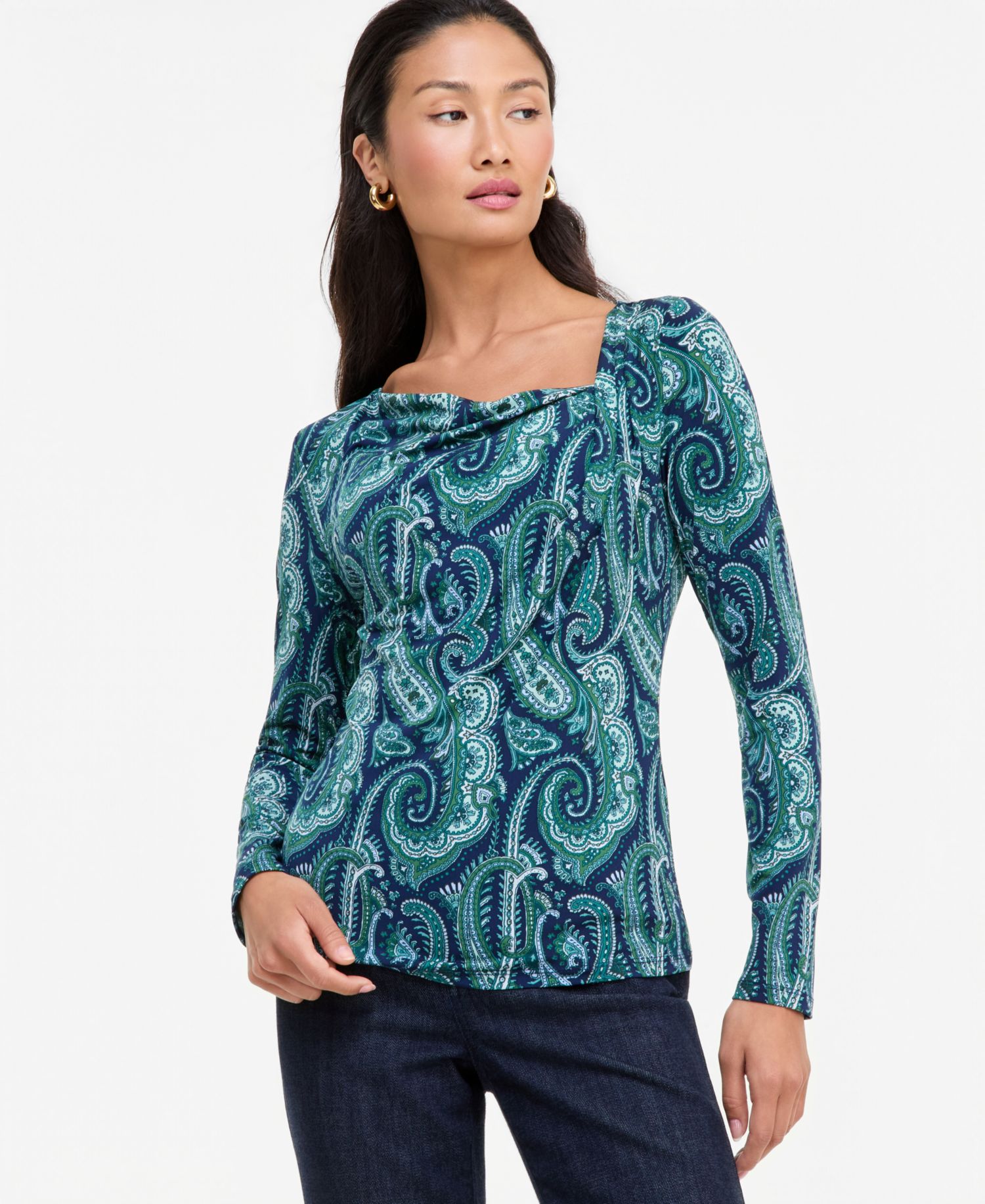 Women's Printed Cowl-Neck Long-Sleeve Top
