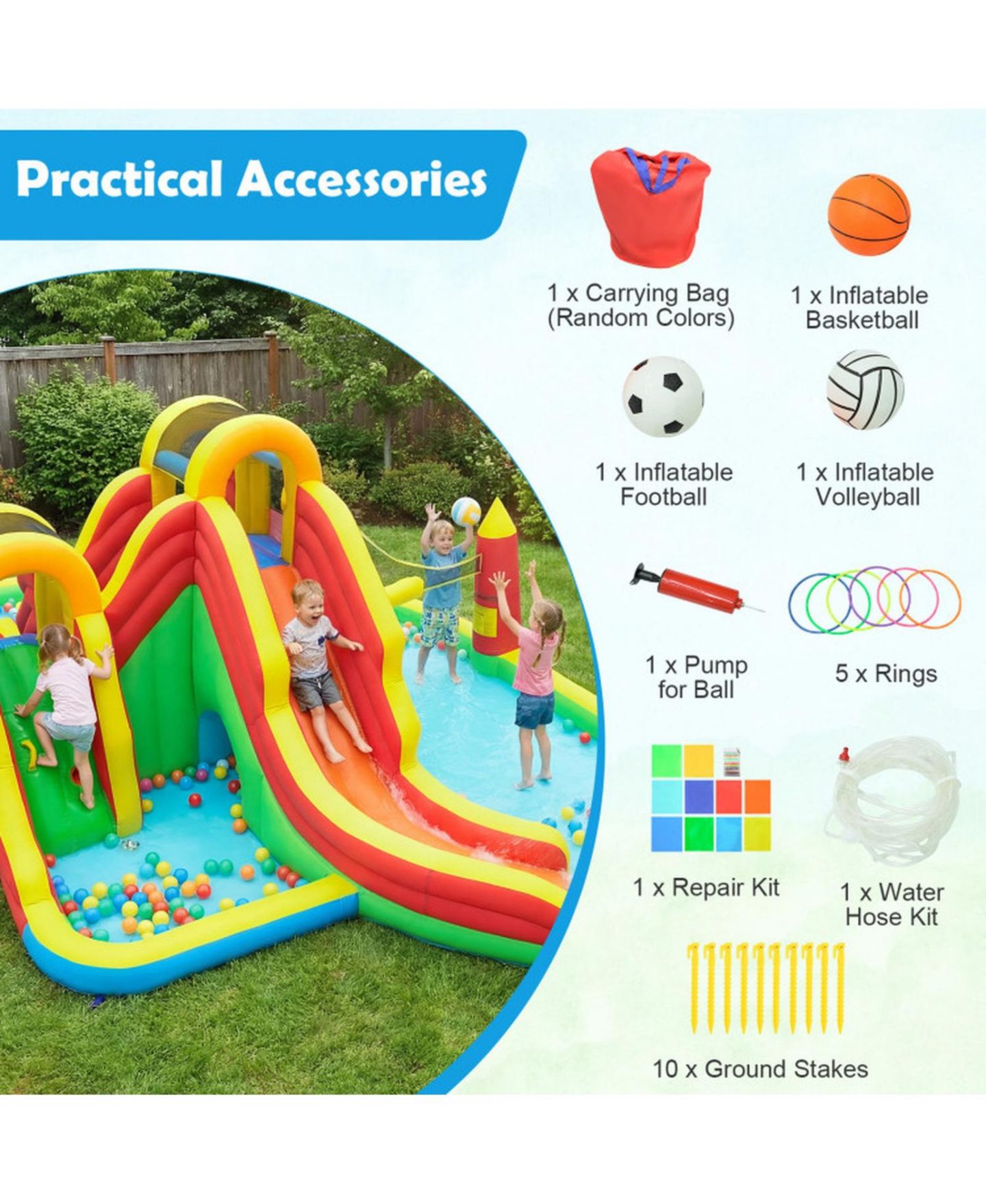 Детские игрушки HONGGE Giant 8-in-1 258.5"L x 184"W x 90.5"H Dual Long Slides Splash Pool Bounce House, Ages 3-12, цвет: Зелёный / Жёлтый — фото 5