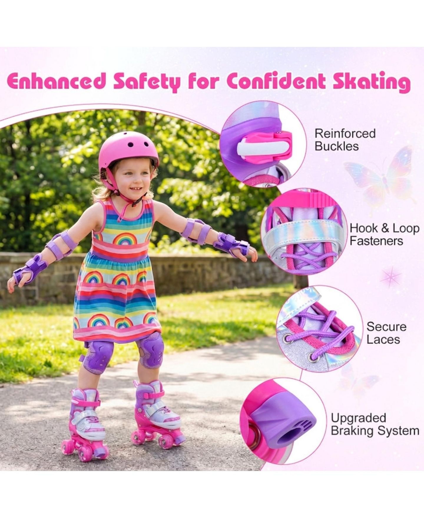 Детские игрушки HONGGE Light-Up Wheels Adjustable Reinforced Brake Roller Skates, Sizes 11C-1, Ages 5-7, цвет: Розовый — фото 8