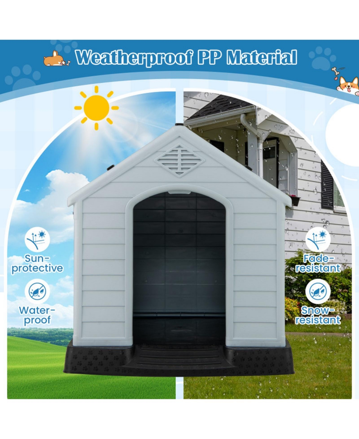 Sugift Waterproof Plastic Dog House with Elevated Floor for Small Dogs