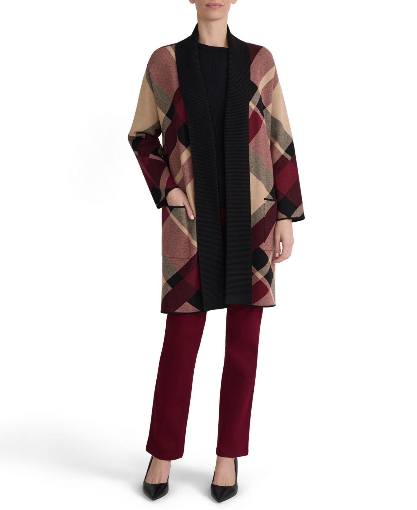 Женский кардиган Jones New York Plaid Turnback Collar Long-Sleeve, цвет: Винный разноцветный — фото 2