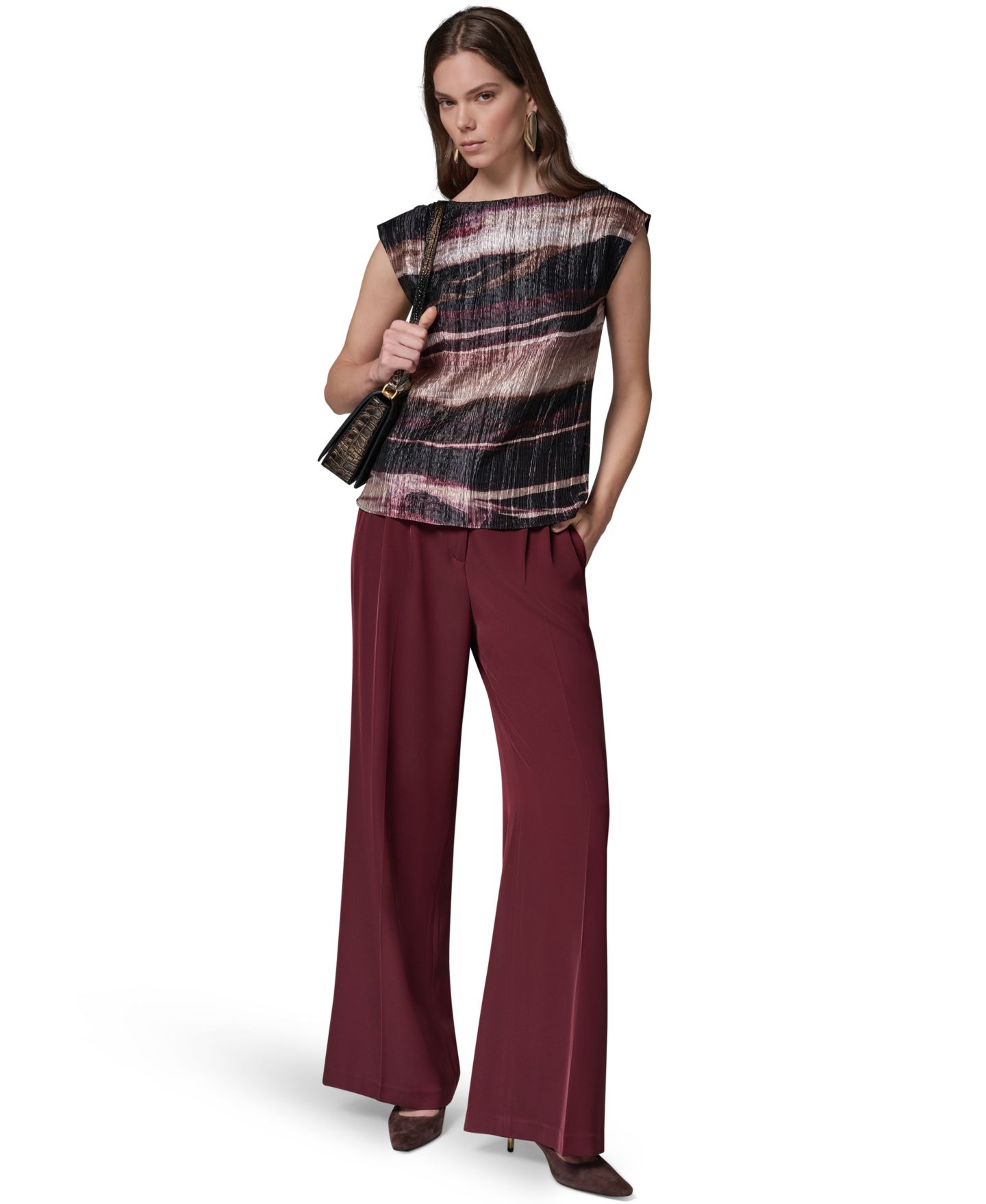 Женская блузка Donna Karan New York Petite Sleeveless Boat-Neck Striped Blouse, цвет: Чёрный вишнёвый / Верблюжий разноцветный — фото 3