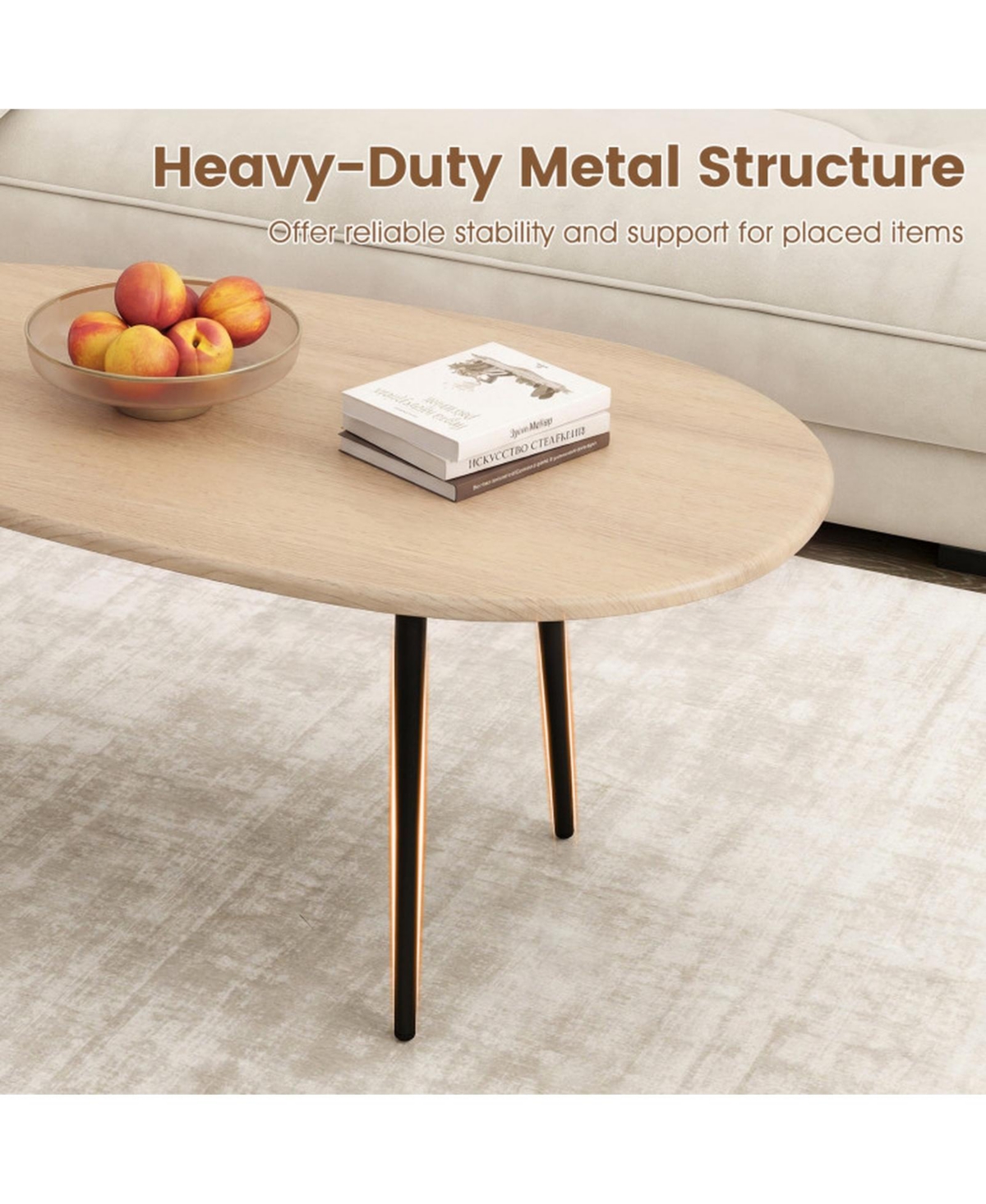 Sugift Oval Mid-Century Coffee Table with Sturdy Metal Frame and Wide Tabletop