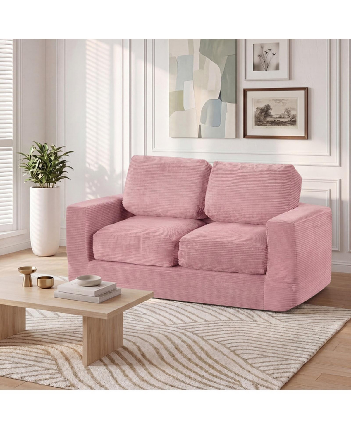 Sugift 2-Seater Floor Couch Loveseat Foam Sofa with Removable Washable Corduroy Cover