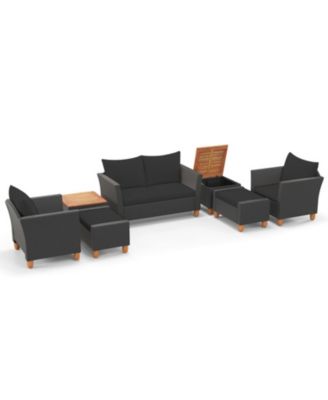 7-Piece Patio PE Rattan Sectional Sofa Set with Storage Tables and Ottomans