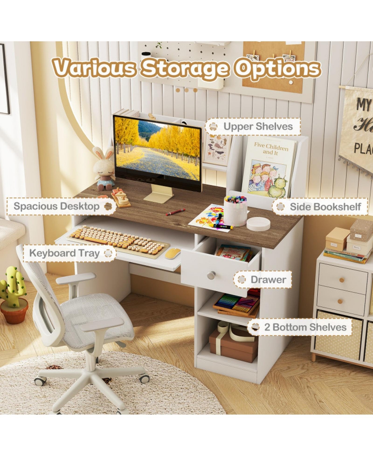 Sugift Kids Study Desk with Hutch Shelves and Keyboard Tray Drawer